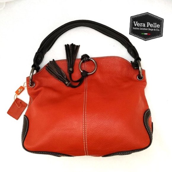 VERA PELLE Orange Leather Shoulder Satchel Bag Brown Trim Flaps w/ Tassels Zips - Picture 3 of 10